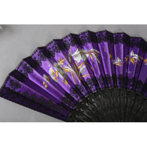 36 - A large and showy mustard silk fan c1890’s, painted with bluebirds in flight and the words “Nous rev... 