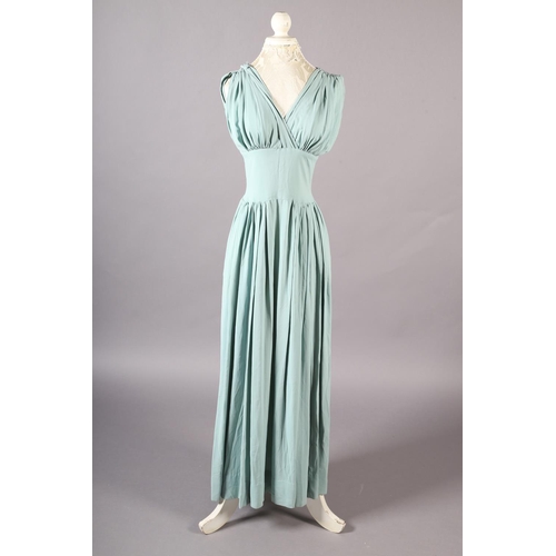 361 - 1930’s/ 40’s costume, comprising a pale sea green crepe full length dress with gathered front panels... 