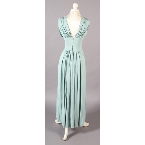 361 - 1930’s/ 40’s costume, comprising a pale sea green crepe full length dress with gathered front panels... 