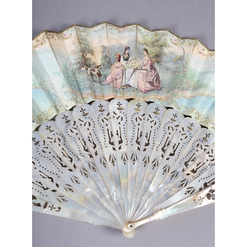 68 - Two white mother of pearl mid-19th century fans, elaborately gilded and silvered, the leaves lithogr... 