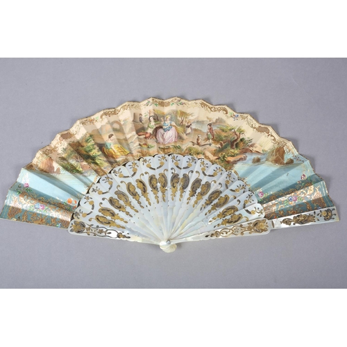 68 - Two white mother of pearl mid-19th century fans, elaborately gilded and silvered, the leaves lithogr... 