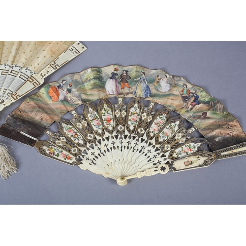 69 - Two folding fans from the mid-19th century, the first quite large, the bone monture shaped with a hi... 