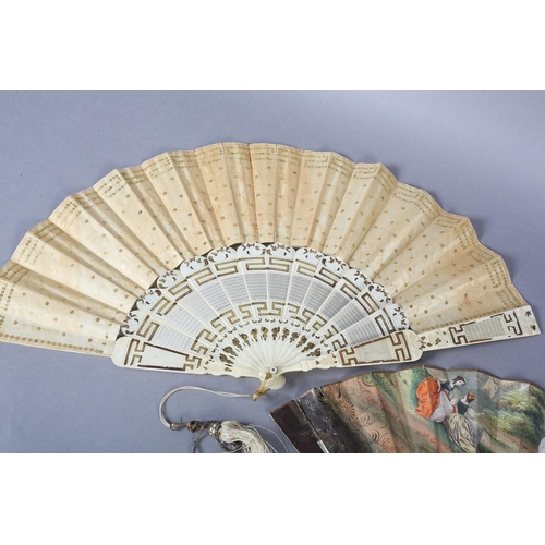 69 - Two folding fans from the mid-19th century, the first quite large, the bone monture shaped with a hi... 