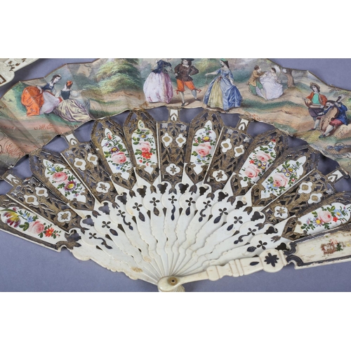 69 - Two folding fans from the mid-19th century, the first quite large, the bone monture shaped with a hi... 