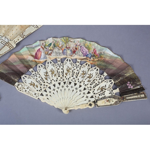 69 - Two folding fans from the mid-19th century, the first quite large, the bone monture shaped with a hi... 