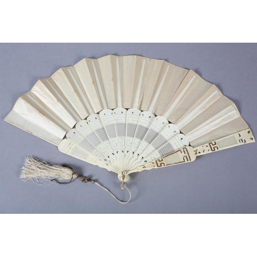 69 - Two folding fans from the mid-19th century, the first quite large, the bone monture shaped with a hi... 