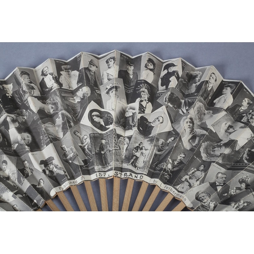 87 - A large late 1890’s wood fan with double paper leaf, the simple monture with varnish guards, the lea... 