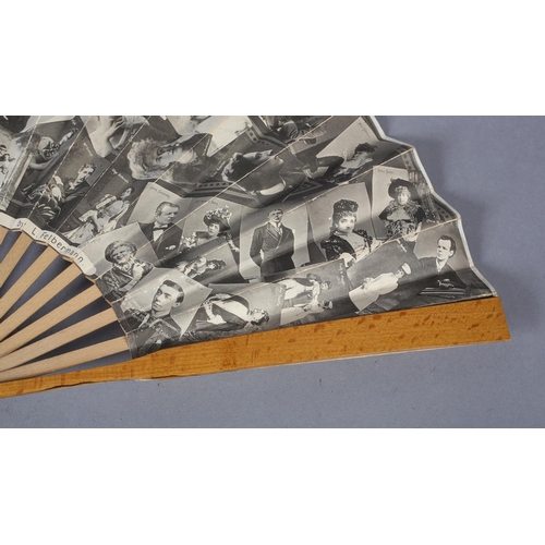 87 - A large late 1890’s wood fan with double paper leaf, the simple monture with varnish guards, the lea... 