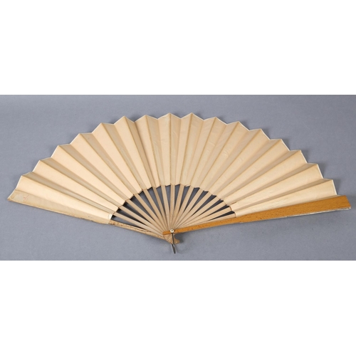 87 - A large late 1890’s wood fan with double paper leaf, the simple monture with varnish guards, the lea... 