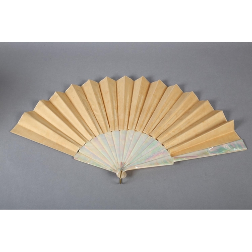 88 - A painted silk fan signed “Jolivet”, the cream leaf painted with a solitary maiden in a garden surro... 