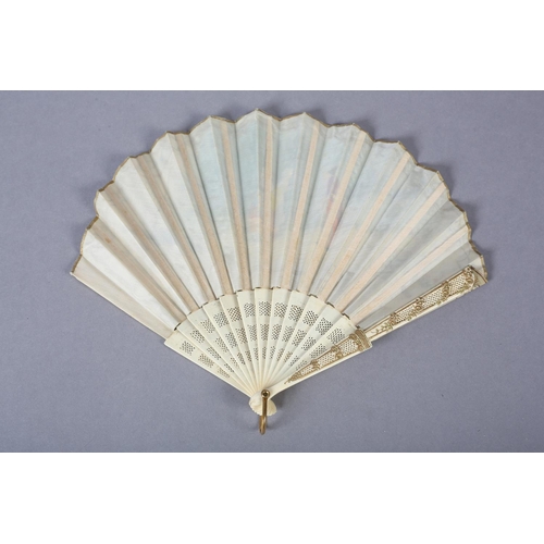 89 - A c.1900 Fan of Fontange Form, the sticks of bone, carved, pierced, shaped and gilded, mounted with ... 