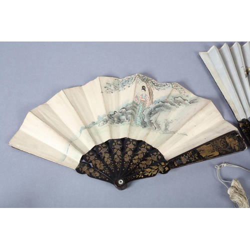 92B - Two 19th century Chinese fans, Qing dynasty, the first quite large, the cream gauze leaf painted wit... 