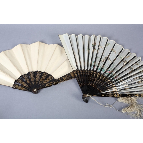 92B - Two 19th century Chinese fans, Qing dynasty, the first quite large, the cream gauze leaf painted wit... 