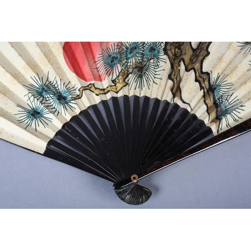 92C - An unusual, large, Chinese fan, Qing Dynasty, the monture wood, with black lacquer, the guards featu... 