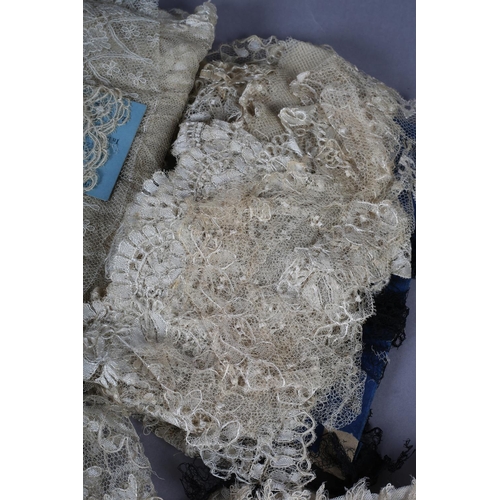 207 - Antique lace: early 19th century Blonde lace sleeves trimmed with ribbon, a collar, edgings in vario... 