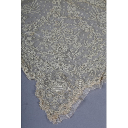 213 - A very fine Limerick wedding veil, 19th century, with detailed fillings, floral design, backed in fi... 