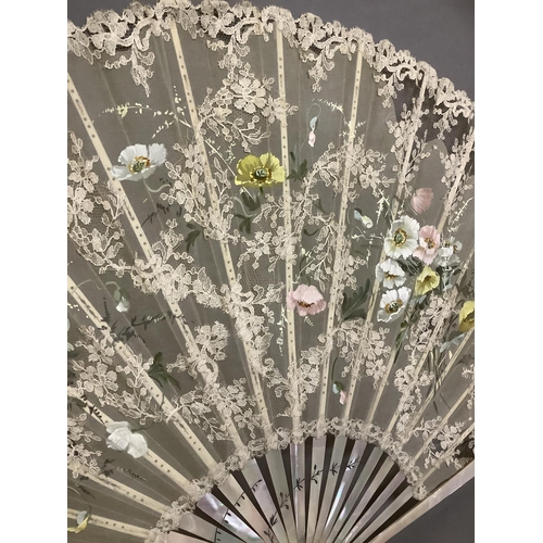 20 - Two summer fans from the 1890’s, the first with pink mother of pearl monture, the leaf of cream gauz... 