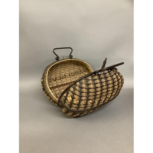 295 - A Victorian lady’s honeycomb basket, in oval form, a work basket for sewing requisites, wood frame, ... 