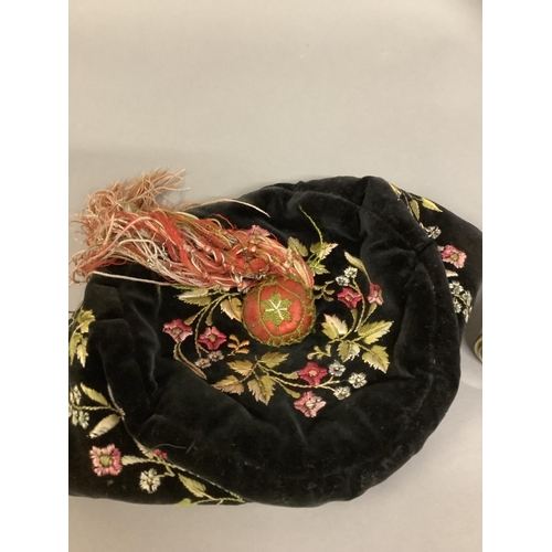 340 - 19th century gentleman’s velvet smoking cap, floral embroidery in coloured silks, elaborate silk cov... 