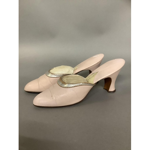 363 - A pair of pink leather mules, trimmed with silver leather labelled and trademarked for Hellstern, ma... 