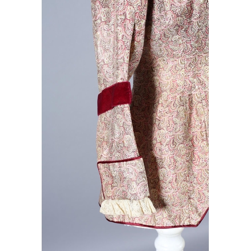 258 - Two most unusual silk bodices, the first in a very soft patterned silk trimmed with ruby velvet and ... 