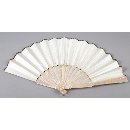 76 - c.1880’s a pink mother of pearl fan mounted with cream satin and overlaid with black handmade lace w... 