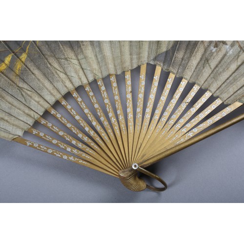 55 - Five large fans c 1890’s, the first of owls in flight, accompanied by smaller birds, the cream gauze... 