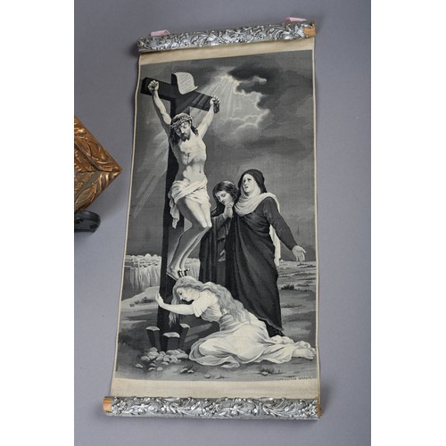 204 - A French woven silk picture of Christ on the Cross, observed by 3 women, possibly being the three Ma... 