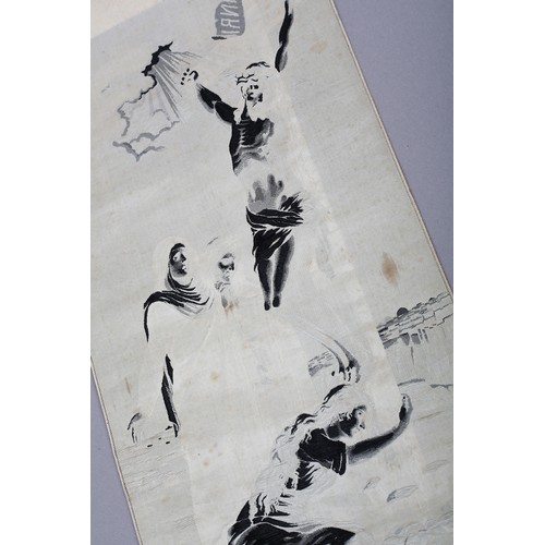 204 - A French woven silk picture of Christ on the Cross, observed by 3 women, possibly being the three Ma... 