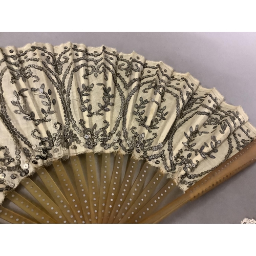 63 - c.1900, a blonde tortoiseshell fan, the monture piqué with steel, the cream gauze embroidered with s... 