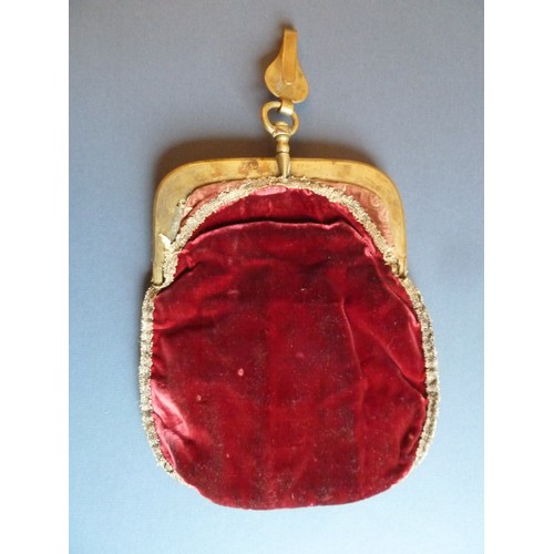 279 - An 18 th century or later ruby velvet gold coloured metal-framed bag with belt or chatelaine hook, l... 