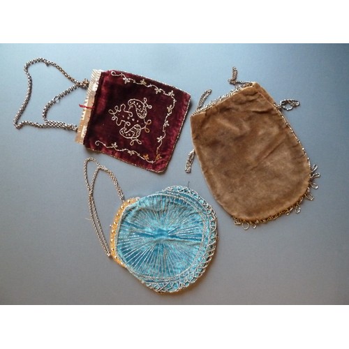 176 - Three 19th century bags incorporating cut steel beads, the first in ruby velvet with a square frame,... 