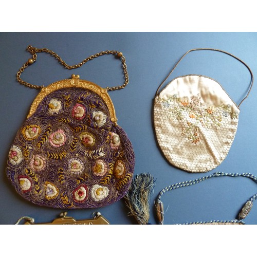 205 - Four 19th century bags, the first two incorporating ribbon work, the largest embroidered in gold thr... 