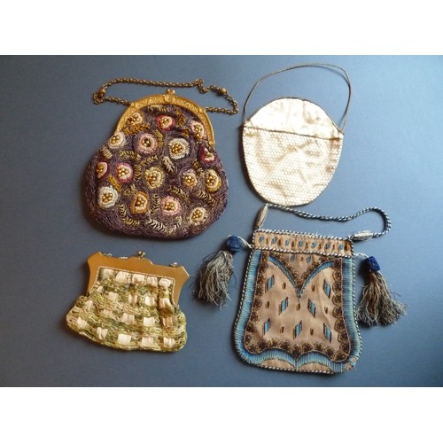 205 - Four 19th century bags, the first two incorporating ribbon work, the largest embroidered in gold thr... 