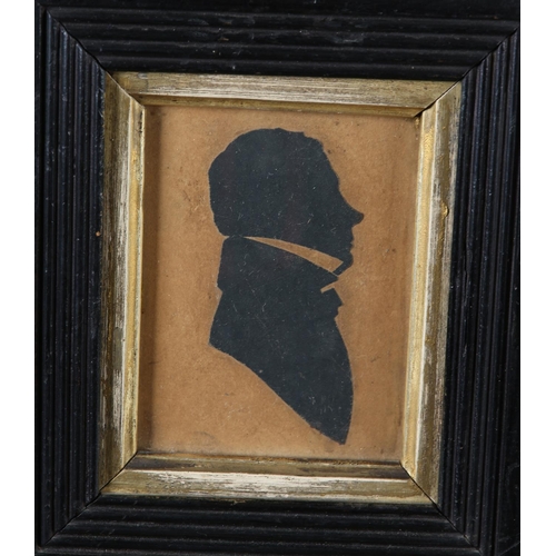 26 - A Victorian silhouette of a young woman detailed in gilt, 7.5cm x 5.75cm, rosewood frame together wi... 