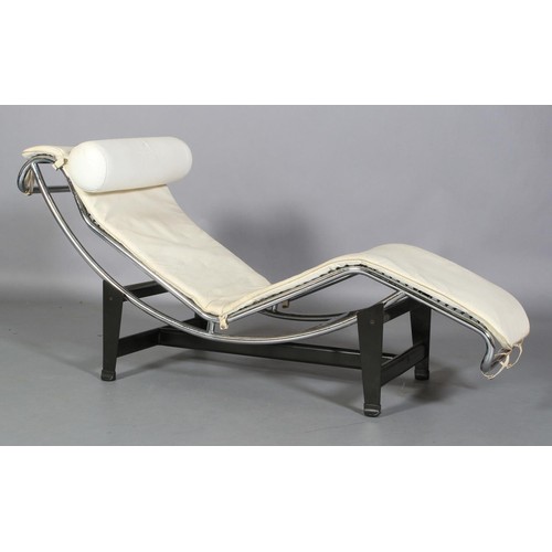 97 - After Le Corbusier
A white leather and chrome tubular framed chaise on a black metal frame, 160cm lo... 