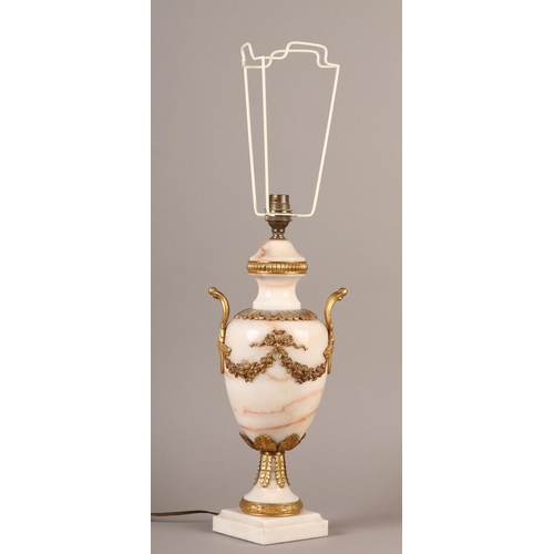 19 - A GILT METAL MOUNTED MARBLE TABLE LAMP OF BALUSTER VASE SHAPE WITH TWIN FOLIATE HANDLES, leaf collar... 