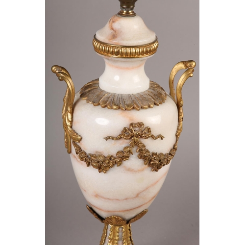 19 - A GILT METAL MOUNTED MARBLE TABLE LAMP OF BALUSTER VASE SHAPE WITH TWIN FOLIATE HANDLES, leaf collar... 