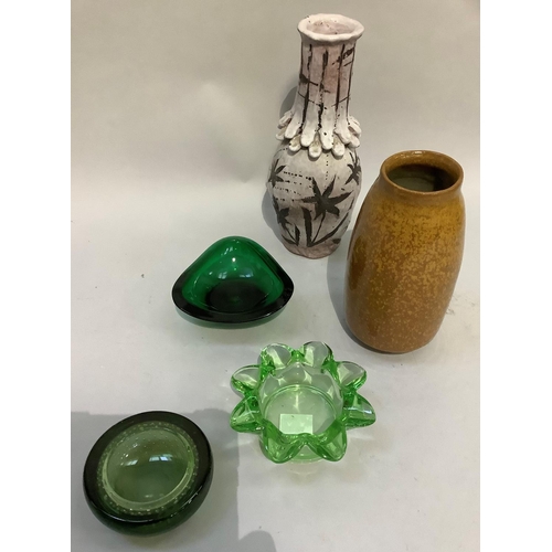 133 - Three green glass dishes or ashtrays, a Studio Pottery vase of brown speckled glaze and another with... 