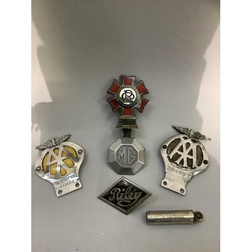 2 - Various metal car badges including MG, Riley, The Order of The Road No.193237, two AA badges and a b... 
