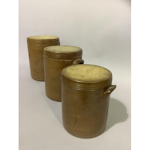25 - A set of three salt glaze storage jars, cylindrical with disc lids, two handles and in graduated siz... 