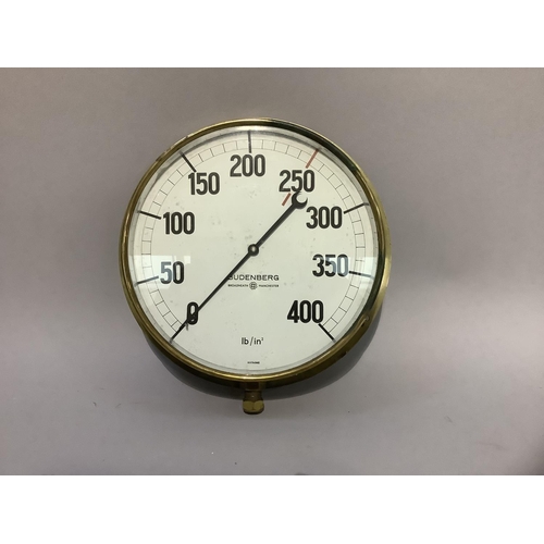 29 - A brass cased pressure gauge by Budenberg, Broad Heath Manchester, circular, diameter 34cm
