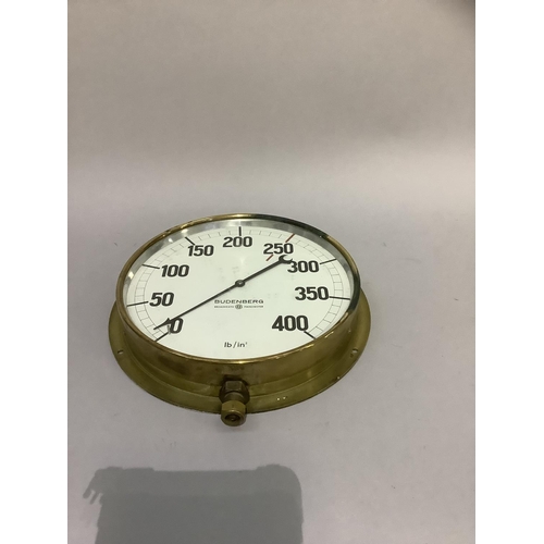 29 - A brass cased pressure gauge by Budenberg, Broad Heath Manchester, circular, diameter 34cm
