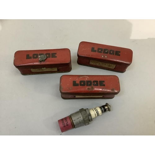 3 - Three vintage Lodge spark plugs in original red tin cases labelled Lodge C14, 14mm, 5Shillings with ... 