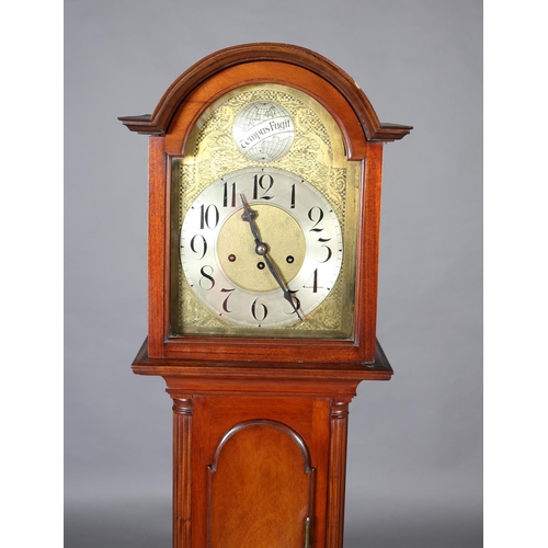 336 - A walnut grandmother clock, the engraved brass arched dial with silvered globe inscribed Tempus Fugi... 