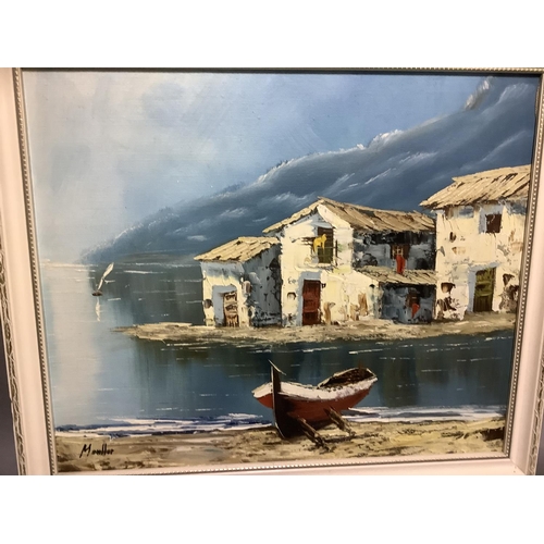 306 - Monllor, Italian school, 20th century fishing village with beached boat, oil on board, 36.5cm by 44c... 