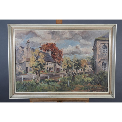 307 - ARR Angus Rands (1922-1985), Ripley, North Yorkshire, village street scene with figures, oil on canv... 