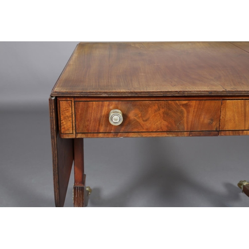 367 - A Regency mahogany and rosewood crossbanded sofa table with ebony stringing, having a drawer and dum... 