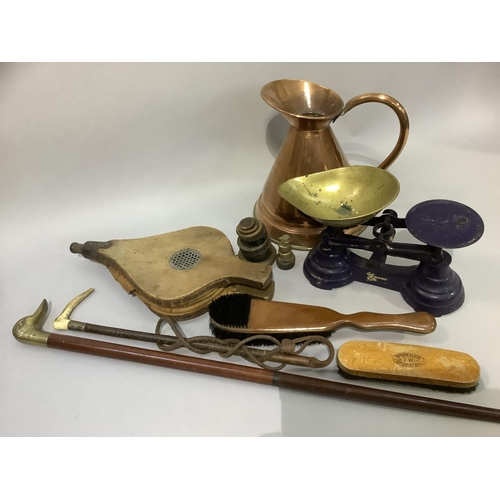 121 - A copper measure, pair of weighing scales with brass pan, pair of bellows, antler handled crop, walk... 