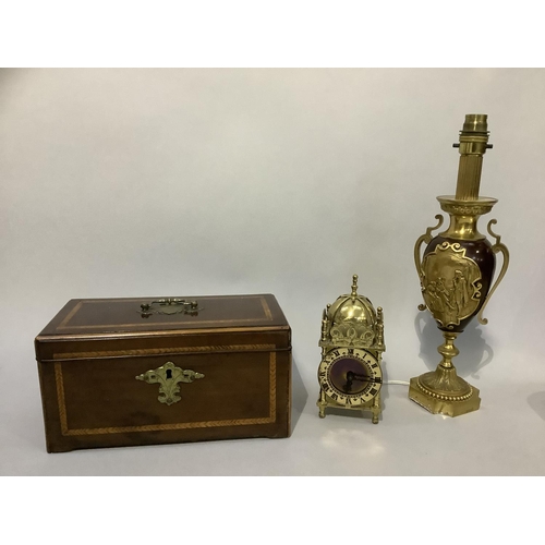 200 - A 19th century mahogany and satinwood banded tea caddy without fittings, reproduction brass lantern ... 